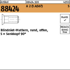 100 x Blindnietmutter Senkkopf,,Rund,offen, Edelstahl A2 - M8 / 4,0 - 6,0
