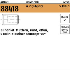 100 x Blindnietmuttern kl. Senkkopf,Rund,offen,Edelstahl A2 - M8 / 0,25 - 3,5