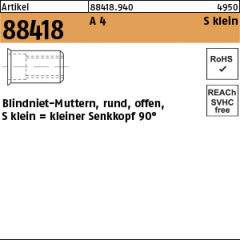 100 x Blindnietmuttern kl. Senkkopf,Rund,offen,Edelstahl A4 - M8 / 0,25 - 3,5