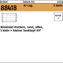 250 x Blindnietmuttern kl. Senkkopf,Rund,offen,Alu - M6 / 0,5 - 3,5