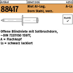 500 x Blindniete Alu/Stahl verzinkt, Flachkopf - 4 x 8 Schwarz lackiert