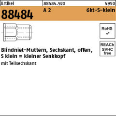 500 x Blindnietmutter offen., 6-kt, kl. Senkkopf, Edelstahl A2 - M4 / 0,5 - 2,0