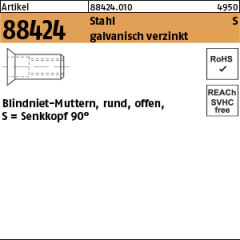 500 x Blindnietmutter Senkkopf,,Rund,offen,Stahl verzinkt - M4 / 1,5 - 3,5