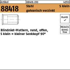 500 x Blindnietmuttern kl. Senkkopf,Rund,offen,Stahl - M5 / 0,25 - 3,0