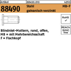 500 x Mehrbereichsblindnietmutter Rund, offen, Flachkopf, Stahl - M8 / 0,5 – 7,5