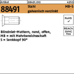 500 x Mehrbereichsblindnietmutter Rund, offen, Senkkopf, Stahl - M8 / 1,5 - 7,5